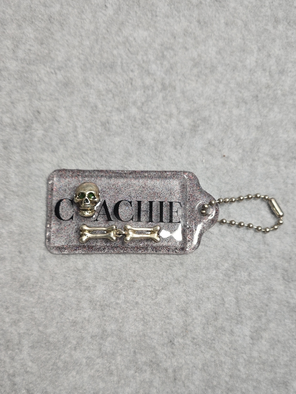 Hand Crafted Resin Glitter 'Coachie' Keychain with Silver Skull & Bones